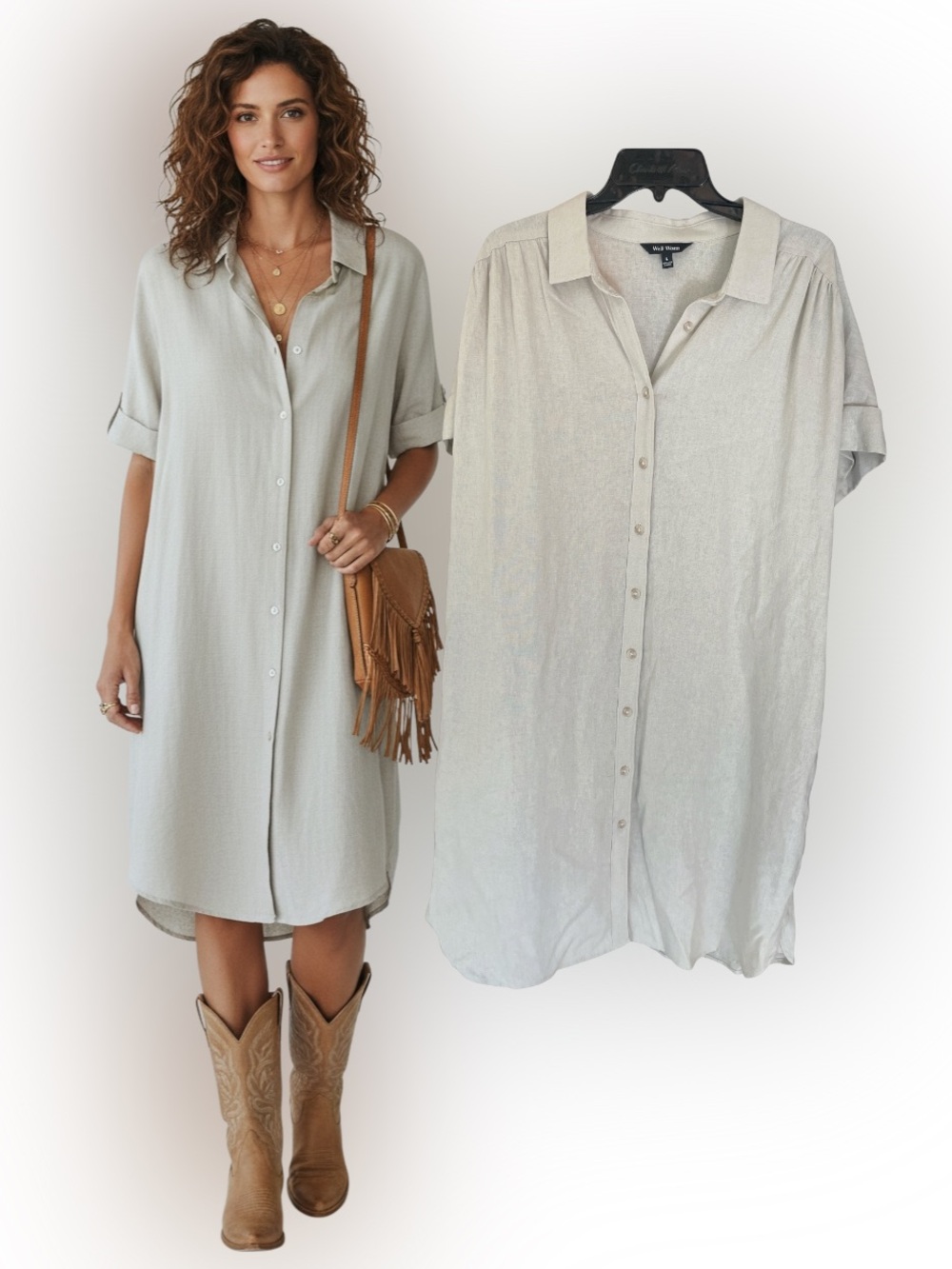 Well Worn Linen Blend Button Down Shirt Dress Ivory Cream Pocket Midi Large